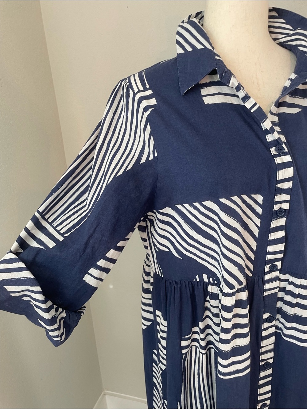Zara Maxi Dress 100% Cotton Summer Navy Costal Size Large Button Down - Picture 5 of 8
